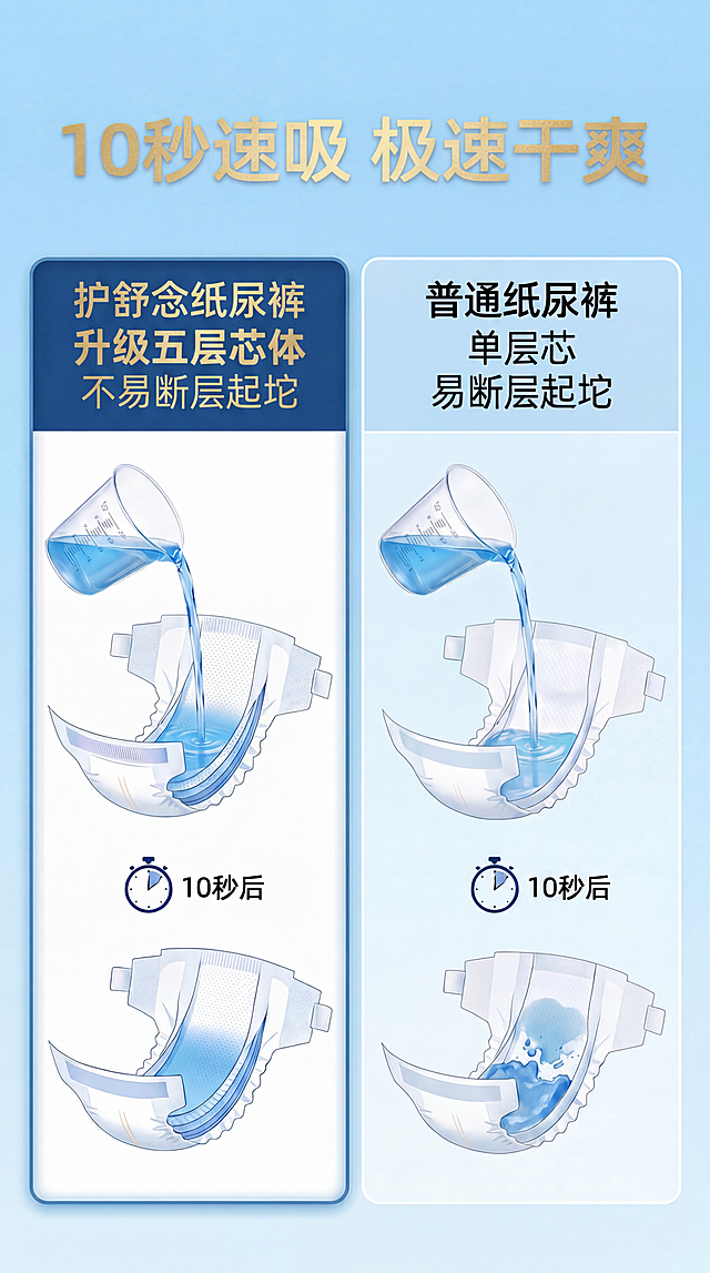 「图片1」整保留整张图片所有插画、左右对比纸尿裤示意图、右侧文字、浅蓝背景、全部文字内容、画面高清清晰度，所有图案与排版一丝不动；
仅修改两处文字颜色：
 
1. 顶部大标题「10秒速吸 极速干爽」文字更换为哑光高级土豪金色，质感细腻；

2. 左侧深蓝色小竖框内全部文字统一改为同款哑光土豪金色，和浅蓝整体画面适配，视觉醒目突出，强化左侧产品优势；
全程保证所有文字边缘锐利清晰、无模糊融边，画面无失真，仅变更指定两处文字颜色，其余所有元素、色彩、文案完全维持原图原样。