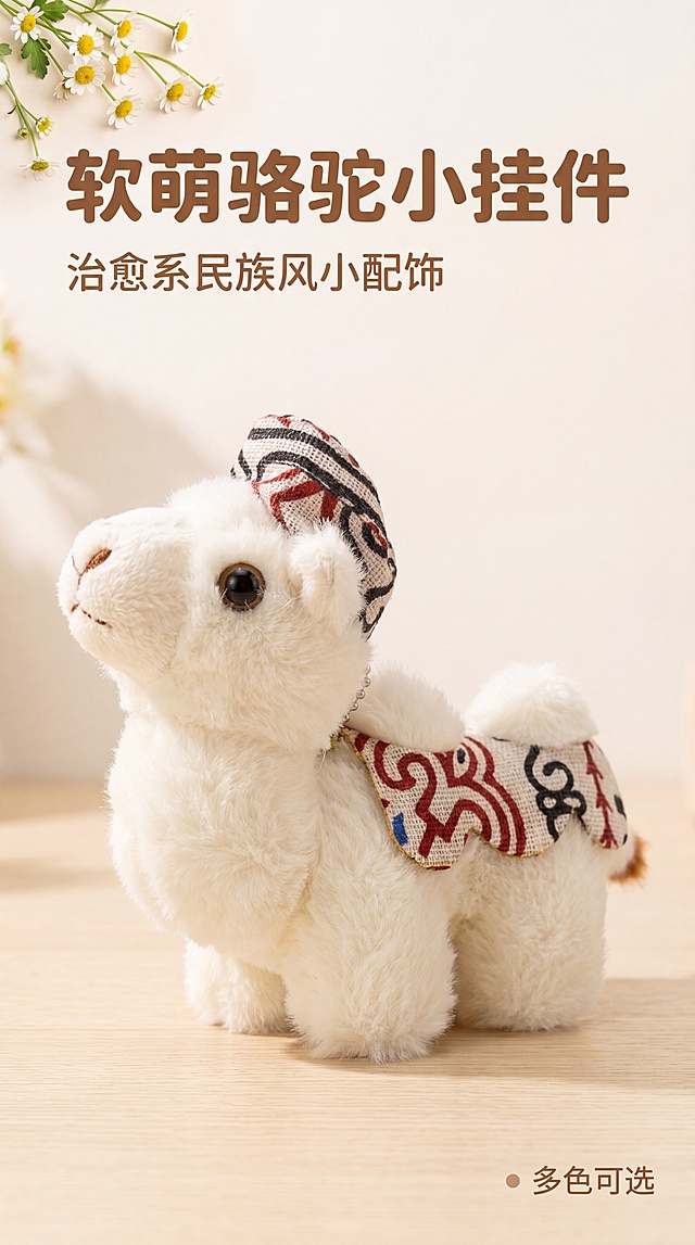 [第1屏] 详情页头图，民族风奶白色毛绒骆驼挂件氛围海报。本屏使用【图1】作为商品主体。
[氛围/风格] 温馨治愈清新风，浅暖米色背景，软萌氛围，商业摄影质感，突出毛绒蓬松感。
[元素布局] 奶白色骆驼挂件位于画面中心，占比约70%；底部搭配浅木色台面，左上角放精致小花装饰，保留商品驼峰结构、毛色、民族织带纹样与原图完全一致。
[光影质感] 左上方向柔光打光，商品下方自然柔和投影，绒毛高光清晰自然，整体明暗层次舒服。
[配色色系] 全局底色 #f8f5f0；主色奶白毛绒，辅助色红黑织带，点缀浅木色台面。
[视角构图] 45度斜侧视角，主体居中，视觉动线从上到下流畅。
[文字版式] 左上主标题「软萌骆驼小挂件」，副标题「治愈系民族风小配饰」，圆润粗黑体，浅暖棕文字不遮挡主体，右下角小巧信息点「多色可选」。
[比例分辨率] 9:16 竖版比例，4K分辨率，文字清晰可辨，高清画质。
[负向提示词] 商品变形，缺件错件，颜色偏差，水印，文字错乱，背景杂乱