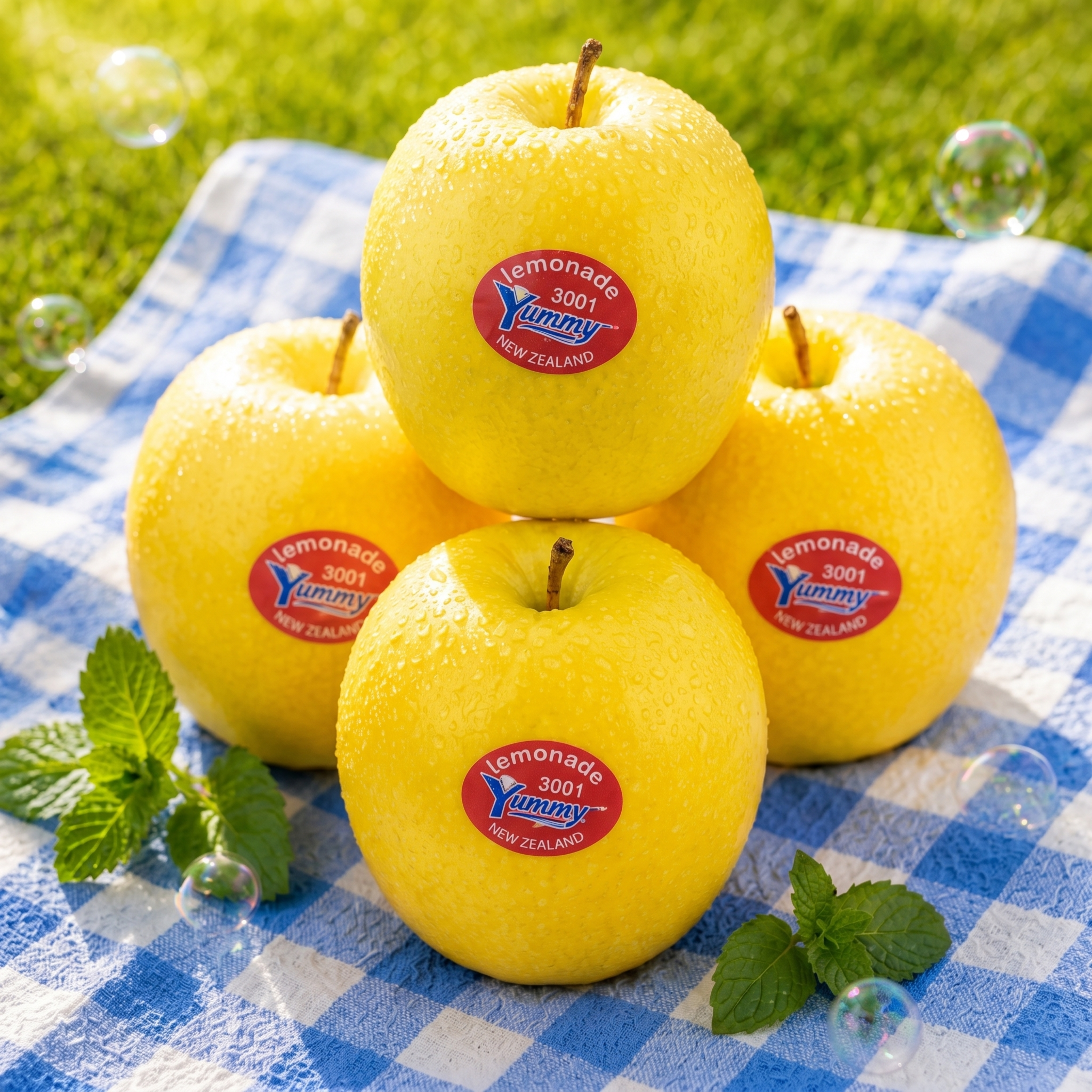 左下图：四颗堆叠的Lemonade黄苹果（均带果标）放在蓝白格… - 图片创意预览