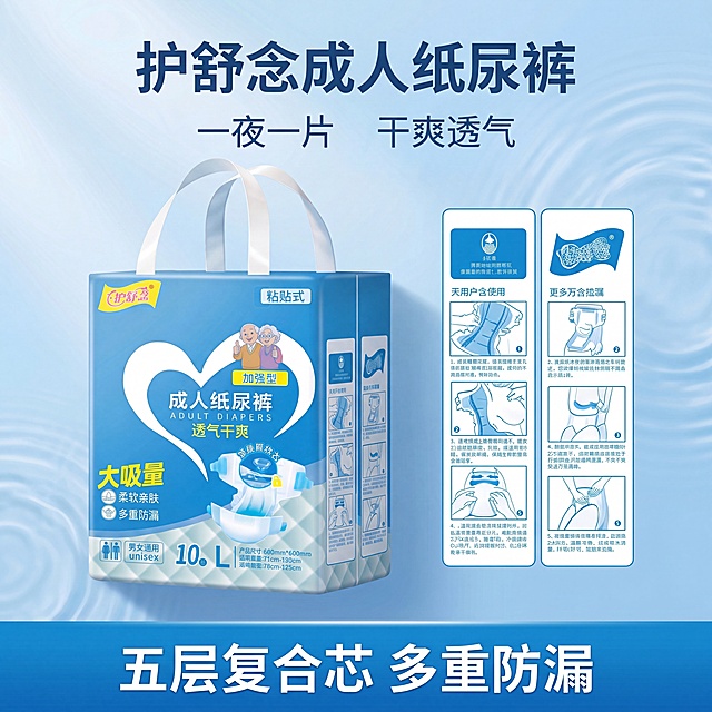 「图片1」「图片1」「图片1」「图片1」「图片1」，基于上传的5张成人护理垫详情图，生成5张适配京东平台的1:1比例主图，保留原图所有文字、产品信息、卡通形象和蓝色系风格，合理拆分排版核心内容，保证画面高清不模糊、文字无变形融边，整体风格和原图保持一致不改动，只调整构图适配1:1的正方形主图比例，让核心卖点在正方形画布中居中舒展、视觉聚焦。主图比例为1:1