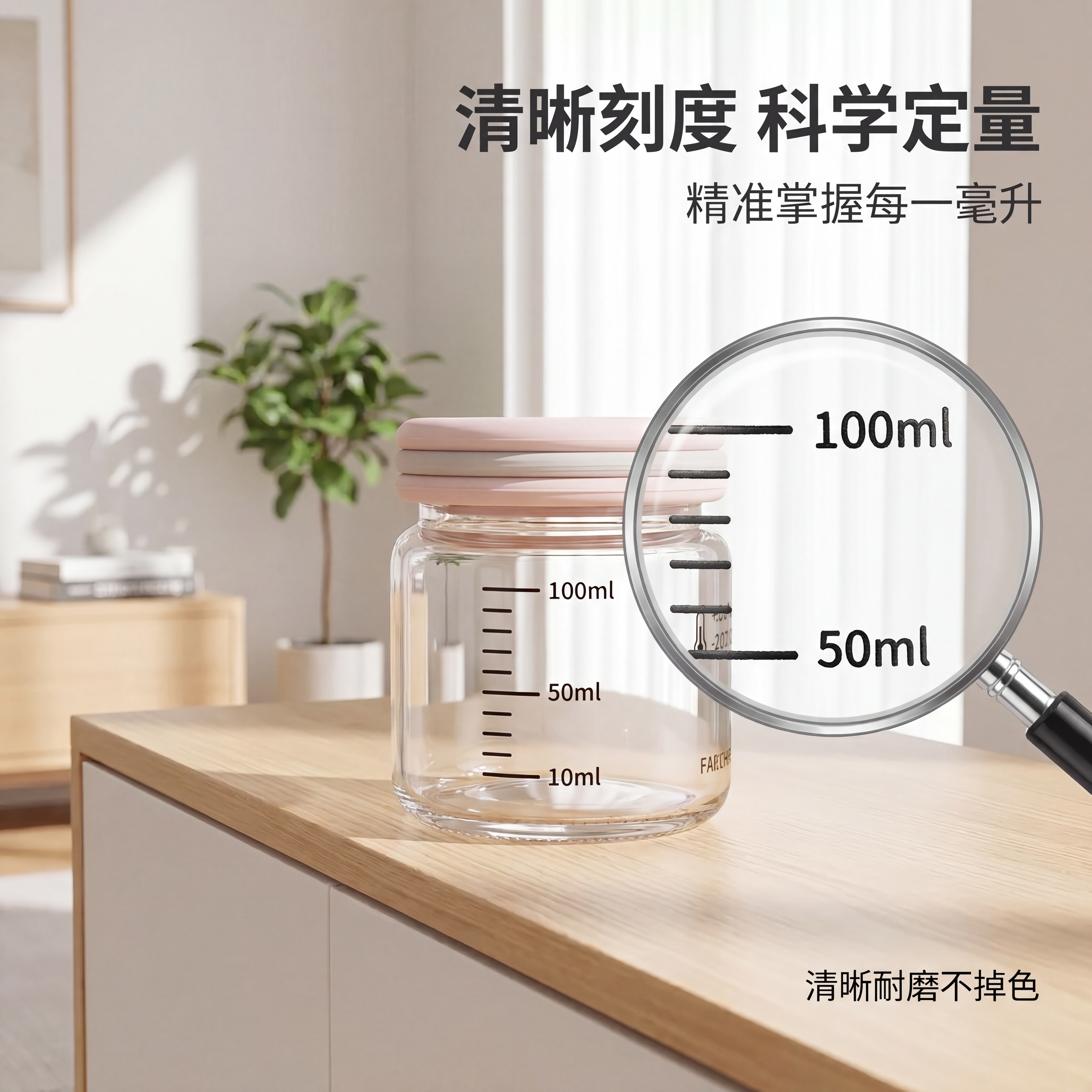 将这张玻璃刻度储物罐产品图的背景修改为清爽风格的居家客厅边柜桌… - 图片创意预览
