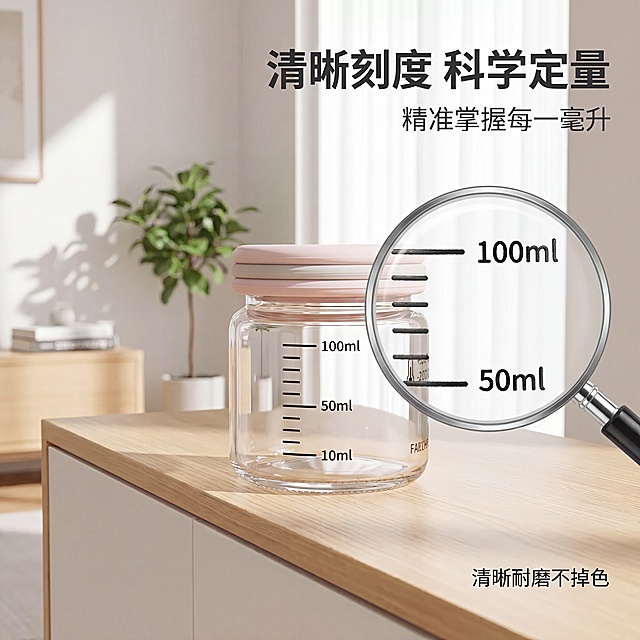 将这张玻璃刻度储物罐产品图的背景修改为清爽风格的居家客厅边柜桌面，保留所有产品本体、刻度和原有文字卖点信息不变，产品结构和颜色保持原样，自然融入场景光影，和环境融合无贴片感。