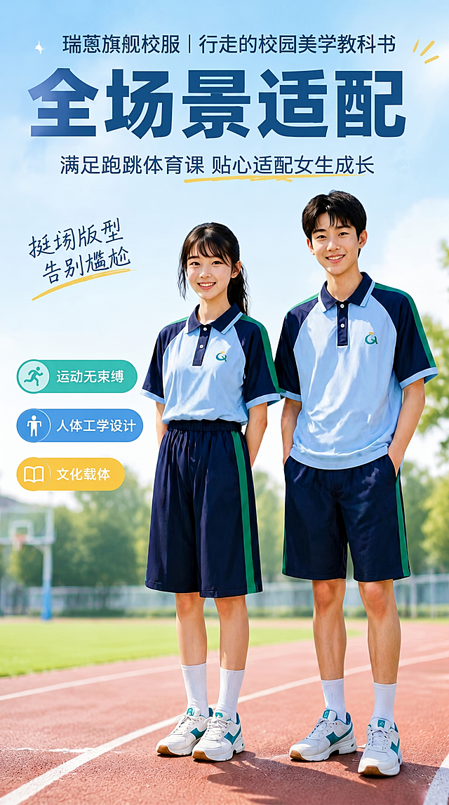 修改这张海报，在海报最顶端添加文字："瑞蒽旗舰校服 | 行走的校园美学教科书"，保持原有海报的背景、人物、所有已有的文字、排版和配色都不变，只添加指定文字，整体画面保持协调清晰。