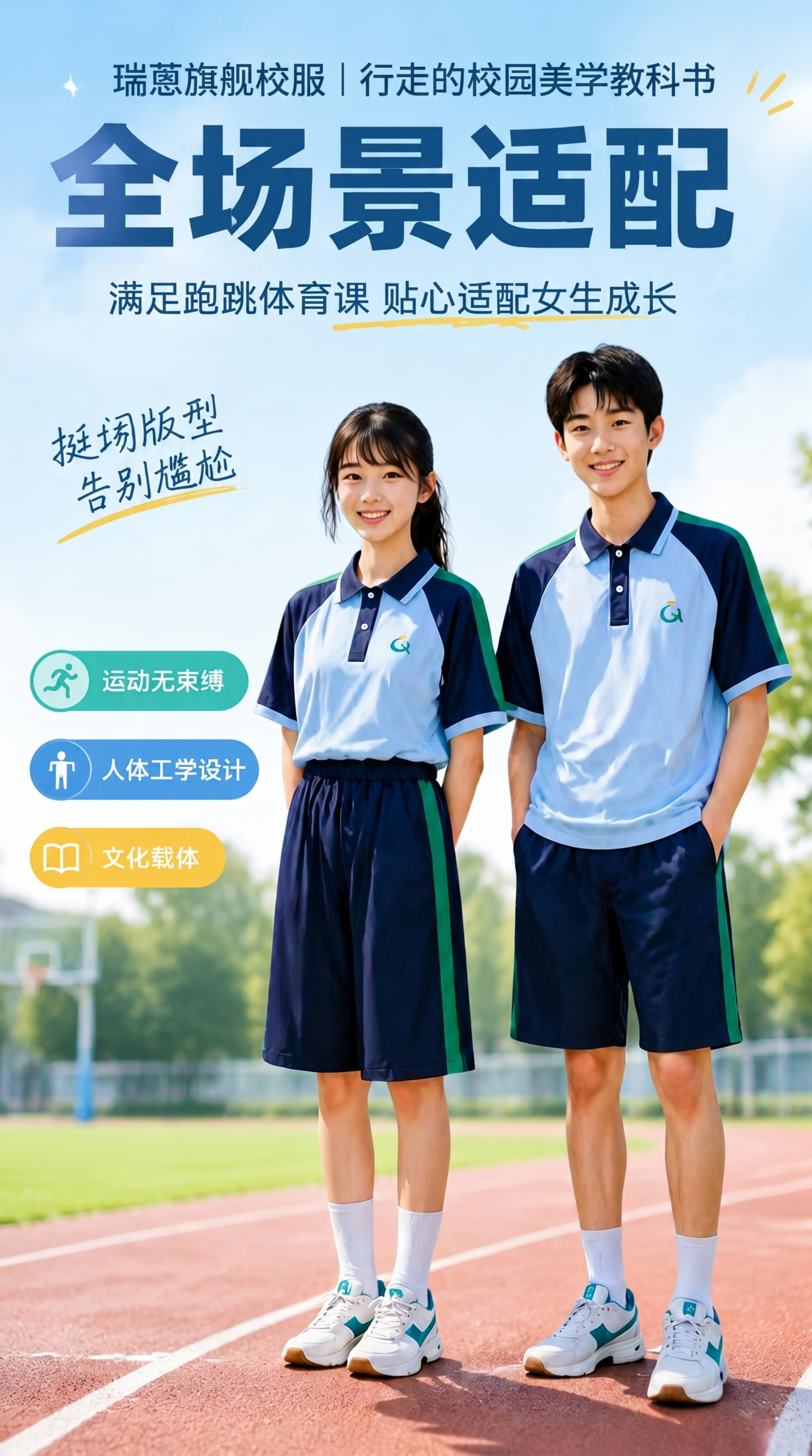 修改这张海报，在海报最顶端添加文字："瑞蒽旗舰校服 | 行走的… - 图片创意预览