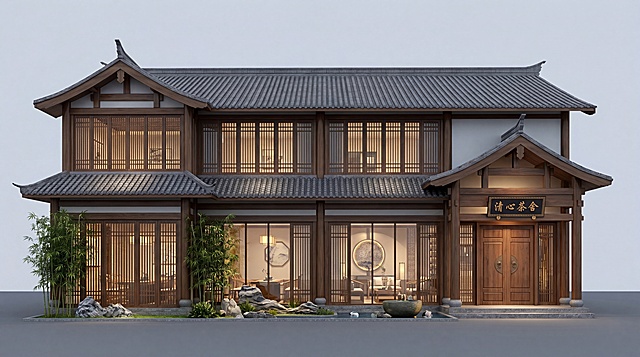 根据此茶室CAD图纸，生成第一张茶室建筑外观效果图，风格雅致中式，符合茶室气质，保留整体建筑尺寸关系，适合全年龄段审美