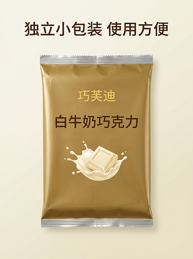 [第5屏] 独立包装展示-巧芙迪白牛奶巧克力独立包装正面。本屏使用已有独立包装图作为参考。
[氛围/风格] 简约干净创意展示，清晰产品设计，商业质感。
[元素布局] 巧芙迪白牛奶巧克力独立包装袋正面居中展示，完整呈现包装设计、品牌和品名信息，保持包装外观、颜色、材质与原图一致，杜绝变形色差。背景纯净浅卡其色渐变，产品占比约70%，画面干净突出主体，四周留白透气。
[光影质感] 顶部柔光打亮，包装纹理清晰，光影过渡自然，文字清晰，整体干净通透。
[配色色系] 全局底色#F0EBD8，保留包装本身米白和棕黄自然配色，文字对比清晰，创意简约。
[视角构图] 俯视正面视角，完整展示包装正面设计和品牌信息，构图稳定。
[文字版式] 顶部添加标题「独立小包装 使用方便」，思源黑体，不遮挡包装主体，原有包装文字保留清晰，所有字体使用思源风格。
[比例分辨率] 3:4 竖版比例，4K 分辨率，文字清晰可辨，高清画质。
[负向提示词] 变形，文字错乱，包装模糊，颜色偏差，背景杂乱，水印