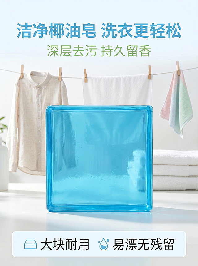 [第1屏] 详情页头图-椰油皂产品宣传海报。本屏使用【图1】作为商品主体。
[氛围/风格] 清新自然风，明亮通透，商业摄影质感，干净整洁的居家洗衣氛围。
[元素布局] 天蓝色透明椰油皂放置在画面中心偏上位置，占比约65%，下方搭配干净的洗衣场景背景，添加晾晒的衣物点缀，保留产品透明质地、方块形状、天蓝色与输入商品图一致。
[光影质感] 顶部柔和漫射光，底部自然阴影，产品通透质感清晰呈现，明暗层次分明。
[配色色系] 全局底色 #F0F8FF，主色天蓝色，辅助色浅绿文字，白色背景。
[视角构图] 正面平视，产品为绝对视觉中心，阅读动线从上到下。
[文字版式] 顶区主标题「洁净椰油皂 洗衣更轻松」，副标题「深层去污 持久留香」，底部信息条展示核心卖点「大块耐用 易漂无残留」，文字排版清晰不遮挡产品主体。
[比例分辨率] 3:4 竖版比例，4K分辨率，文字清晰可辨，高清画质。
[负向提示词] 产品变形，颜色偏差，缺件错件，文字错乱，文字过小，水印，背景杂乱