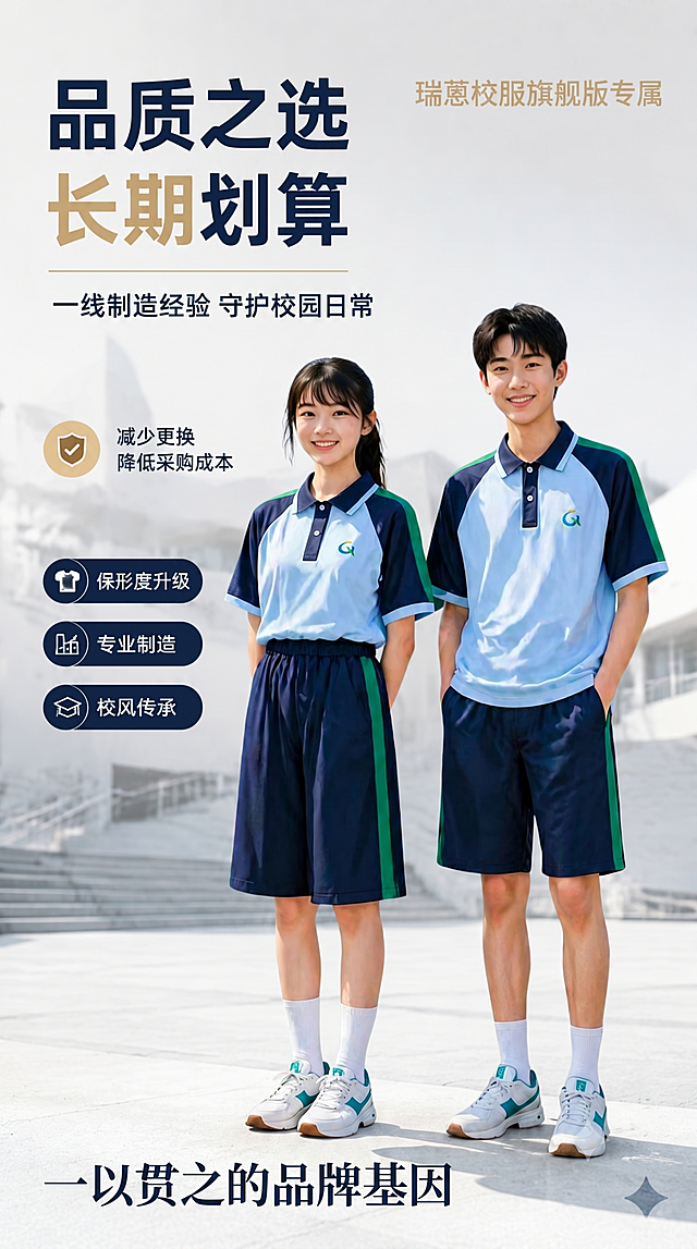 修改这张海报：1. 在海报右上角添加香槟色标题文字"瑞蒽校服旗舰版专属"；2. 在海报左下角添加标题文字"一以贯之的品牌基因"。保持原有海报的背景、人物、所有已有的文字、排版和配色都不变，仅添加指定文字，整体画面保持协调清晰。