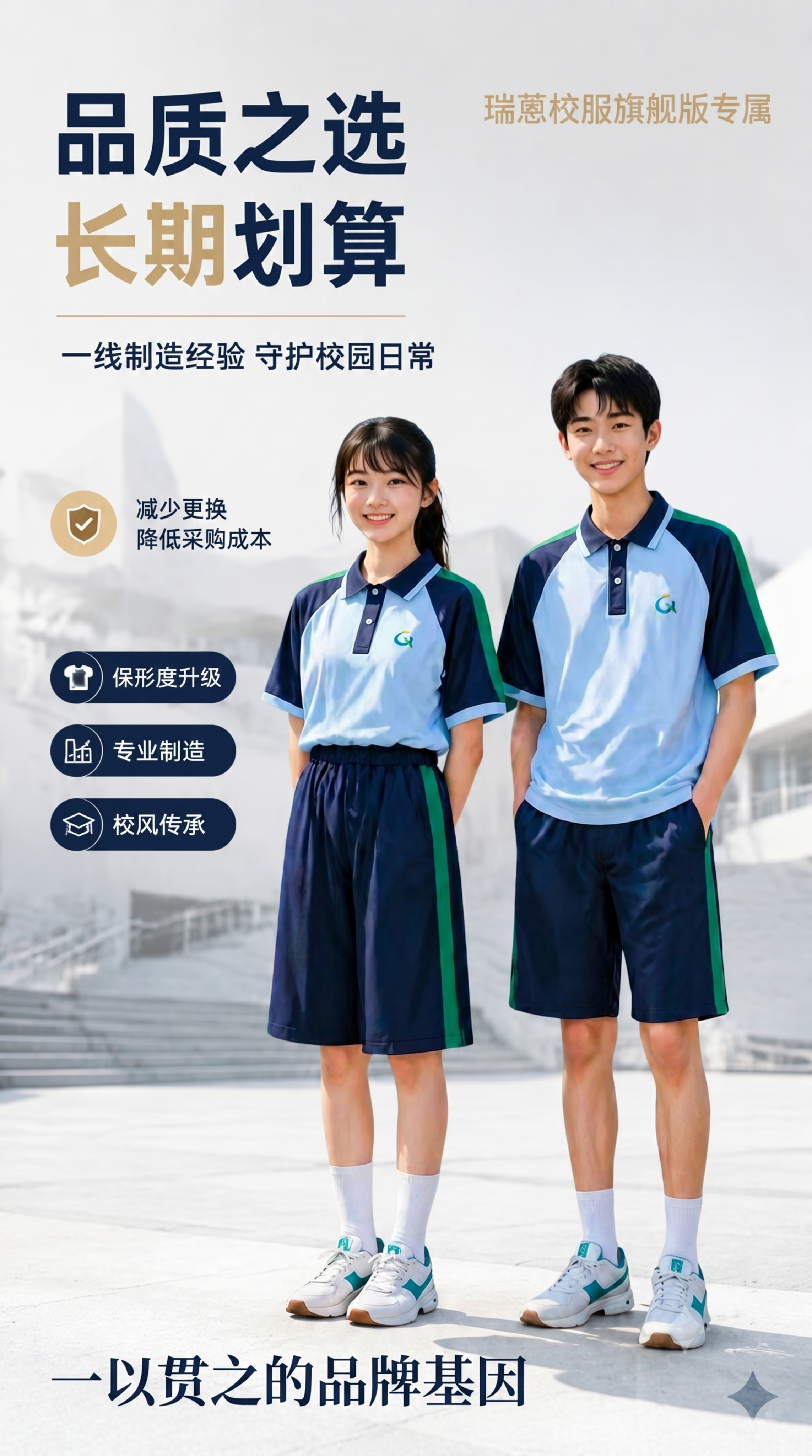 修改这张海报：1. 在海报右上角添加香槟色标题文字"瑞蒽校服旗… - 图片创意预览