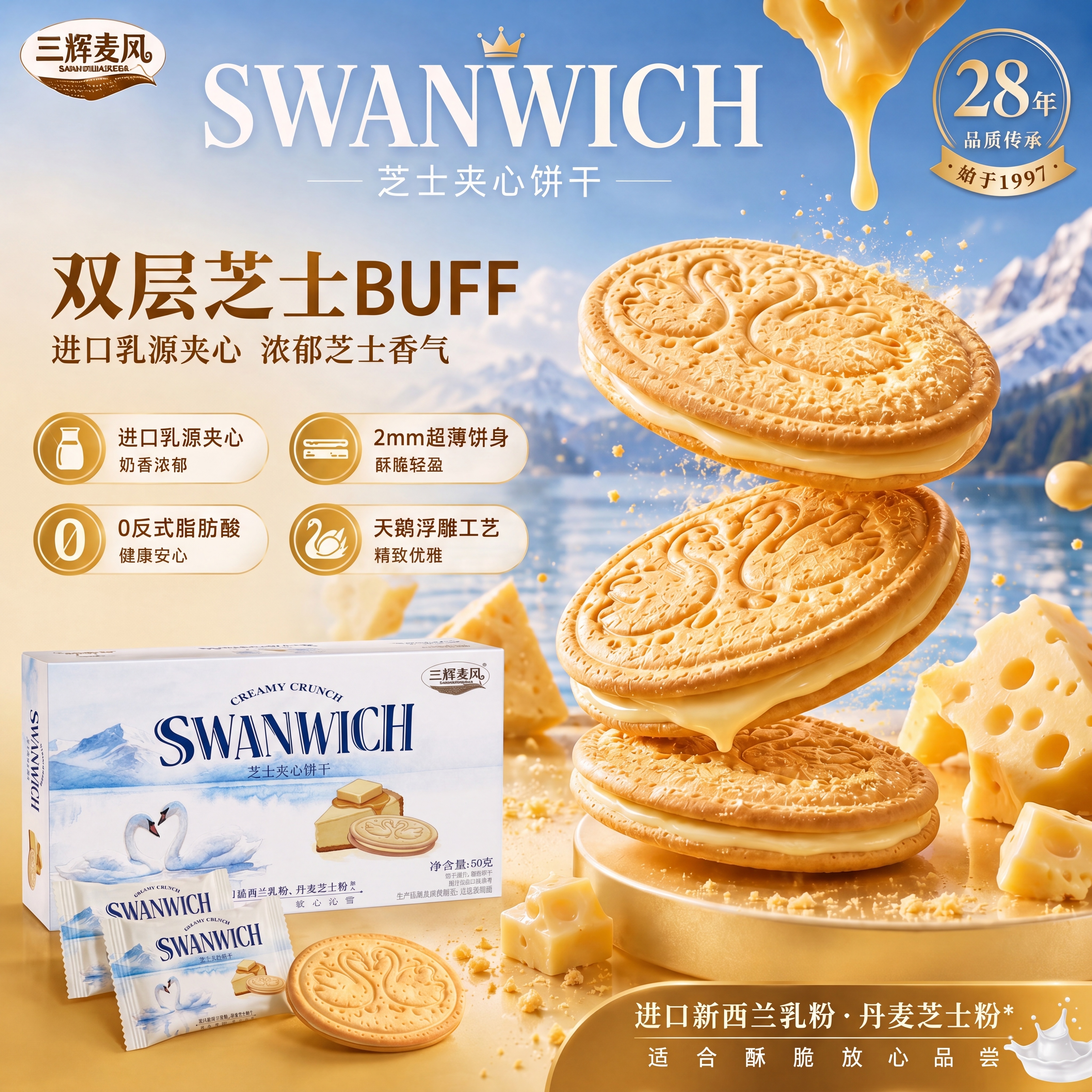把图一中左下角的饼干盒子主体包装替换成图二的盒子包装设计，保留… - 图片创意预览