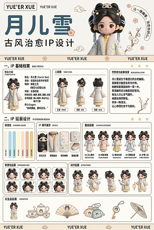 参考图二的设计展板布局，以图一的古风汉服3D卡通女孩IP形象为主体，制作一份IP设计展板，包含IP基础档案、三视图、标准色、IP延展设计等板块，保持清新国风风格，排版布局和图二一致