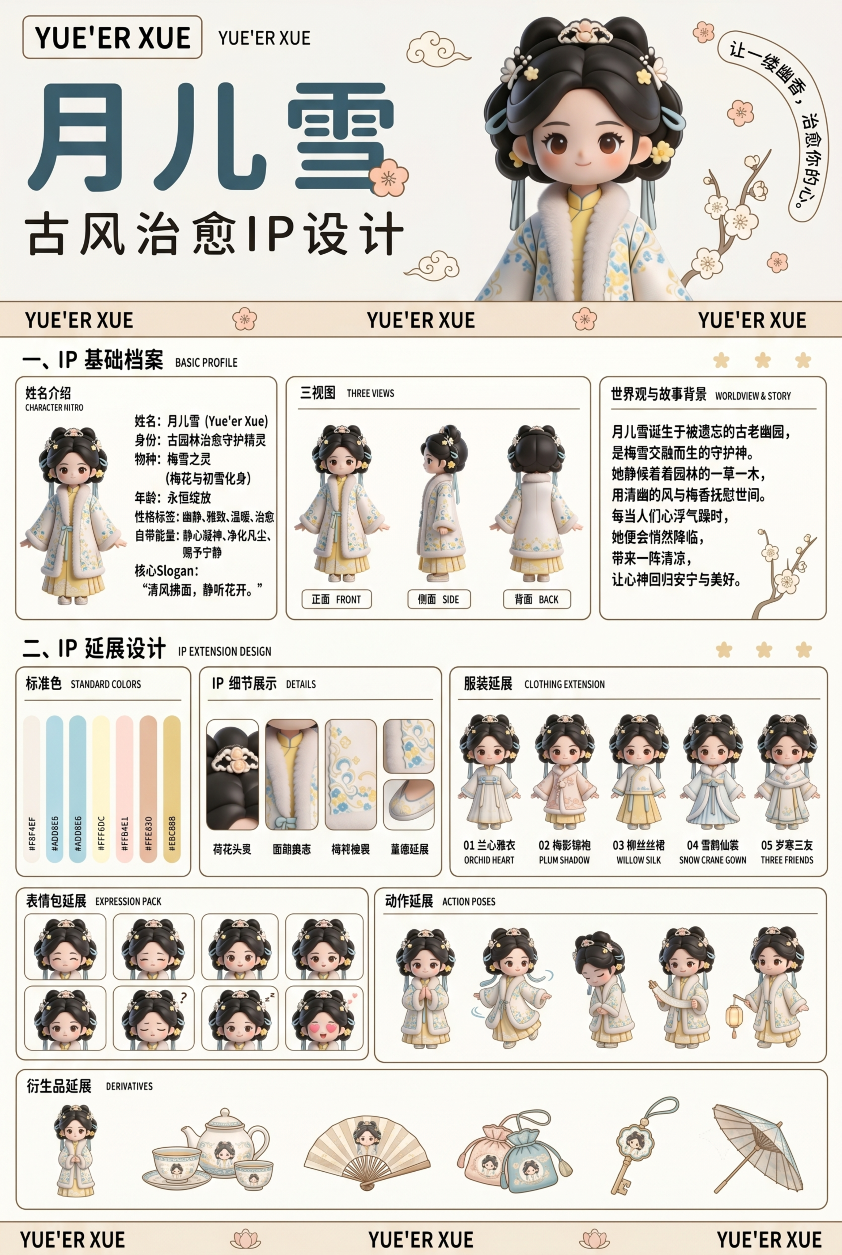 参考图二的设计展板布局，以图一的古风汉服3D卡通女孩IP形象为… - 图片创意预览