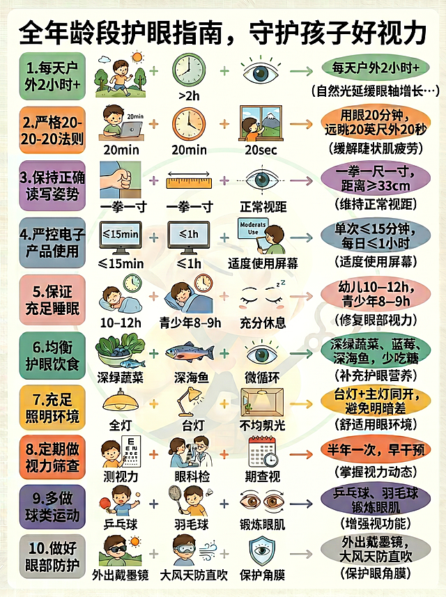 制作一张‘全年龄段护眼指南，守护孩子好视力’科普信息图，风格与参考图（image1）完全一致：现代简约手绘插画风，浅米色背景，每条建议配对应小图标/插画，分类标签使用不同纯色块（如青绿、橙黄、紫、蓝灰等），箭头与说明框采用柔和渐变色。标题：‘全年龄段护眼指南，守护孩子好视力’。内容共10条：1. 每天户外2小时+（自然光延缓眼轴增长…）；2. 严格20-20-20法则（用眼20分钟，远眺20英尺外20秒）；3. 保持正确读写姿势（一拳一尺一寸，距离≥33cm）；4. 严控电子产品使用（单次≤15分钟，每日≤1小时）；5. 保证充足睡眠（幼儿10–12h，青少年8–9h）；6. 均衡护眼饮食（深绿蔬菜、蓝莓、深海鱼，少吃糖）；7. 充足照明环境（台灯+主灯同开，避免明暗差）；8. 定期做视力筛查（半年一次，早干预）；9. 多做球类运动（乒乓球、羽毛球，锻炼眼肌）；10. 做好眼部防护（外出戴墨镜，大风天防直吹）。排版清晰，文字精炼，比例3:4（900×1200像素），分辨率4K。