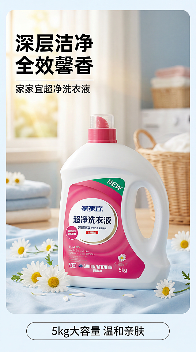 [第1屏] 详情页头图-家家宜超净洗衣液产品场景宣传海报。本屏使用【图1】作为商品主体。
[氛围/风格] 清新干净生活化风格，温馨明快洁净氛围，商业摄影质感，突出洗衣液洁净馨香的产品特质。
[元素布局] 洗衣液瓶身置于画面中心偏右，占比约65%；左侧预留主标题区域，背景为干净柔和的浅蓝布艺洗衣场景，点缀清新雏菊装饰元素；瓶身结构、颜色、包装文字与输入产品图保持一致。
[光影质感] 左侧柔和主光，右侧自然补光，瓶身保留清晰高光，底部自然投影，整体画面明亮通透。
[配色色系] 全局底色 #F0F8FF，主色提取产品的粉白渐变，辅助色浅蓝布艺背景搭配绿色点缀，整体清新干净。
[视角构图] 正面平视，产品为绝对视觉中心，阅读动线从左上方标题 → 中心产品 → 底部信息条，自然流畅。
[文字版式] 版式为左上标题+中心产品+底部信息条。主标题「深层洁净 全效馨香」，副标题「家家宜超净洗衣液」，加粗黑体字左对齐；底部信息条标注「5kg大容量 温和亲肤」，文字不遮挡瓶身主体，清晰可读。
[比例分辨率] 9:16竖版比例，4K分辨率，文字清晰可辨，高清画质。
[负向提示词] 瓶身变形，缺件错件，颜色偏差，包装文字错乱，水印，文字过小，背景杂乱