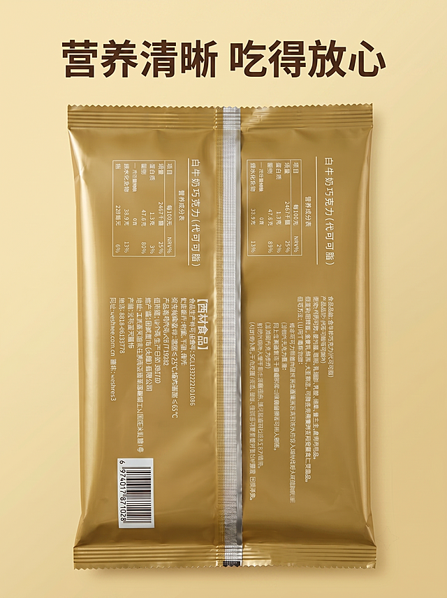 [第6屏] 营养成分展示-巧芙迪白牛奶巧克力包装背面营养信息。本屏使用图4包装背面作为商品主体。
[氛围/风格] 专业清晰，信息透明，简约有设计感。
[元素布局] 独立包装袋背面完整居中展示，保留完整营养成分表、使用方法和生产信息，保持所有文字和包装外观与原图一致，文字清晰可读。背景纯净浅金渐变底色，产品占比约75%，完整呈现所有信息，四周适当留白。
[光影质感] 均匀柔光打亮，所有文字信息清晰呈现，明暗层次自然，无模糊过曝，保证信息可读性。
[配色色系] 全局底色#EAE2C6，保留包装原有金棕和白色文字色彩，文字对比清晰，整体干净专业。
[视角构图] 俯视正面视角，完整展示包装背面所有营养和生产信息，信息层级清晰。
[文字版式] 顶部添加标题「营养清晰 吃得放心」，思源黑体粗体深棕色，不遮挡原有信息，所有可见文字清晰锐利，字体使用思源字体。
[比例分辨率] 3:4 竖版比例，4K 分辨率，文字清晰可辨，高清画质。
[负向提示词] 变形，文字模糊，包装变形，颜色偏差，背景杂乱，水印