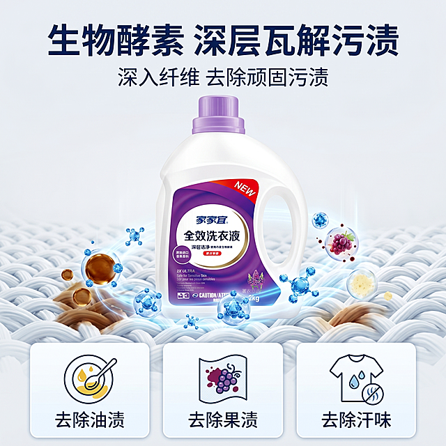 [主图-2] 洗衣液核心洁净力功效展示图。[氛围风格] 专业可信轻科技感，干净通透。[画质] 商业摄影质感，产品清晰真实，画面简洁高级。[元素] 家家宜洗衣液产品居中放置，画面中部展示酵素分子分解污渍的原理示意图，蓝色活性因子包裹污渍颗粒进行分解，视觉化表达深层洁净。保持产品外观、物理结构、材质质感、颜色与输入产品图绝对一致，杜绝任何变形和色差，精细化处理。商品主体占比约50%。[光影] 均匀柔和棚拍光影，产品和示意图都清晰明亮，无死黑阴影。[配色] 浅灰底搭配深蓝色酵素元素，淡紫色产品点缀，整体干净清爽。[视角构图] 平视居中构图，主体突出，层次分明。[文字版式] 顶部大标题写着“生物酵素 深层瓦解污渍”，深蓝色大字；副标题小字“深入纤维 去除顽固污渍”。底部三联卡分别标注“去除油渍”“去除果渍”“去除汗味”，每个搭配小图标，干净整洁易读。[比例分辨率] 1:1比例，4k分辨率；文字清晰锐利，超高清。[负向提示词] 变形，文字错乱，产品图模糊，背景杂乱，水印，电商平台Logo