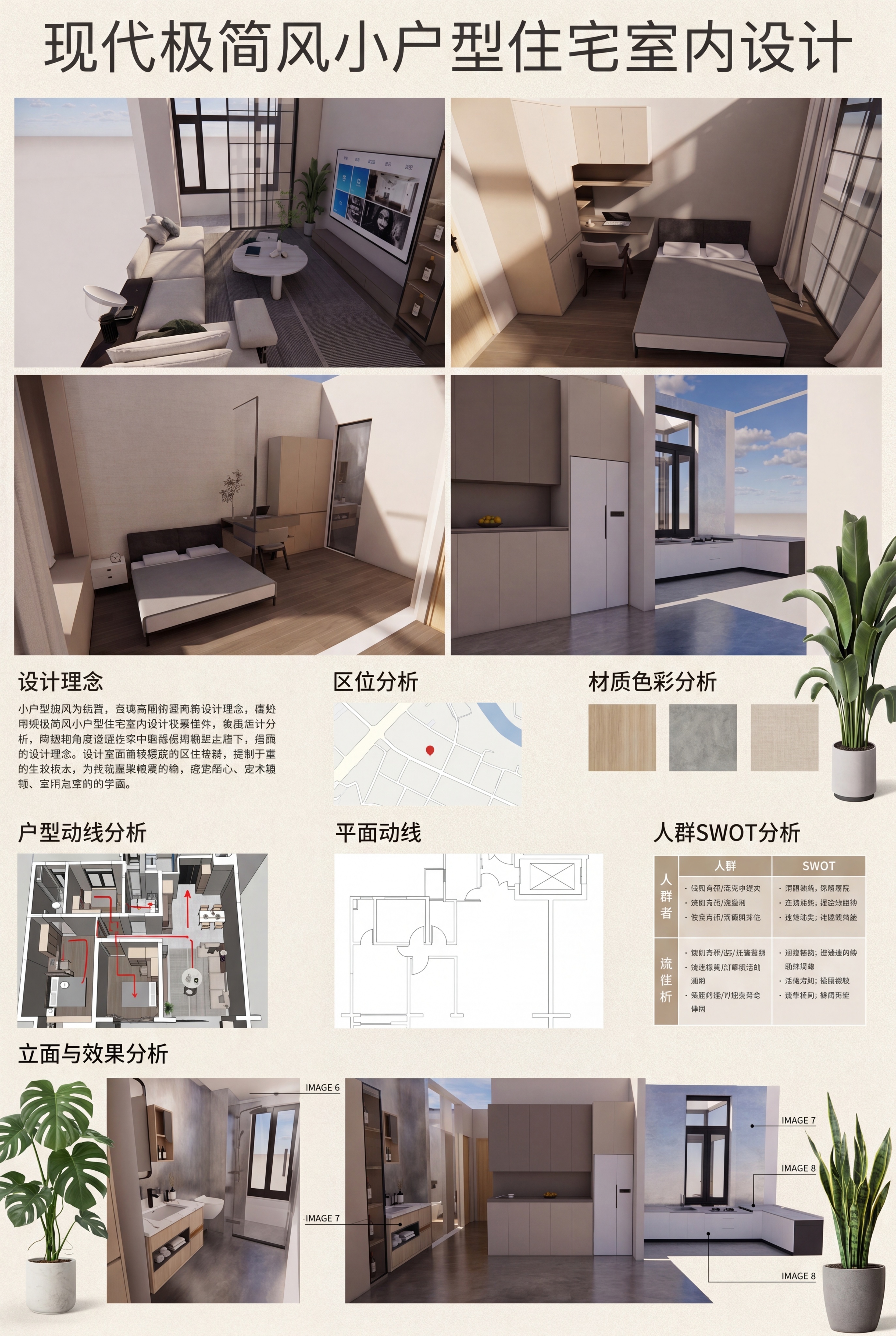 现代极简风小户型住宅室内设计展板，A3竖版，整体采用现代简约风… - 图片创意预览