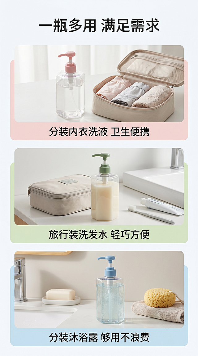 [第4屏] 功能场景展示-PET六角分装瓶多用途使用场景拼图，本屏使用所有商品图作为素材。
[氛围/风格] 生活化场景拼贴，自然温馨，真实可信。
[元素布局] 三格竖排拼图，分别展示分装内衣洗衣液、洗发水、沐浴露三个场景，每个场景占画面三分之一，产品放在旅行洗漱包旁或浴室台面上，产品结构颜色与原图一致。
[光影质感] 每个场景自然光效，柔和真实，产品清晰。
[配色色系] 全局底色 #F8FBFC，主色浅暖灰调，每个场景配淡彩色背景块，整体明快干净。
[视角构图] 三格竖拼构图，每个场景独立完整，阅读动线从上到下。
[文字版式] 顶部主标题「一瓶多用 满足需求」，每个场景配短句卖点「分装内衣洗液 卫生便携」「旅行装洗发水 轻巧方便」「分装沐浴露 够用不浪费」，文字放在场景底部，不遮挡产品。
[比例分辨率] 9:16竖版比例，4K分辨率，文字清晰可辨，高清画质。
[负向提示词] 产品变形，场景违和，文字过小，颜色错乱。