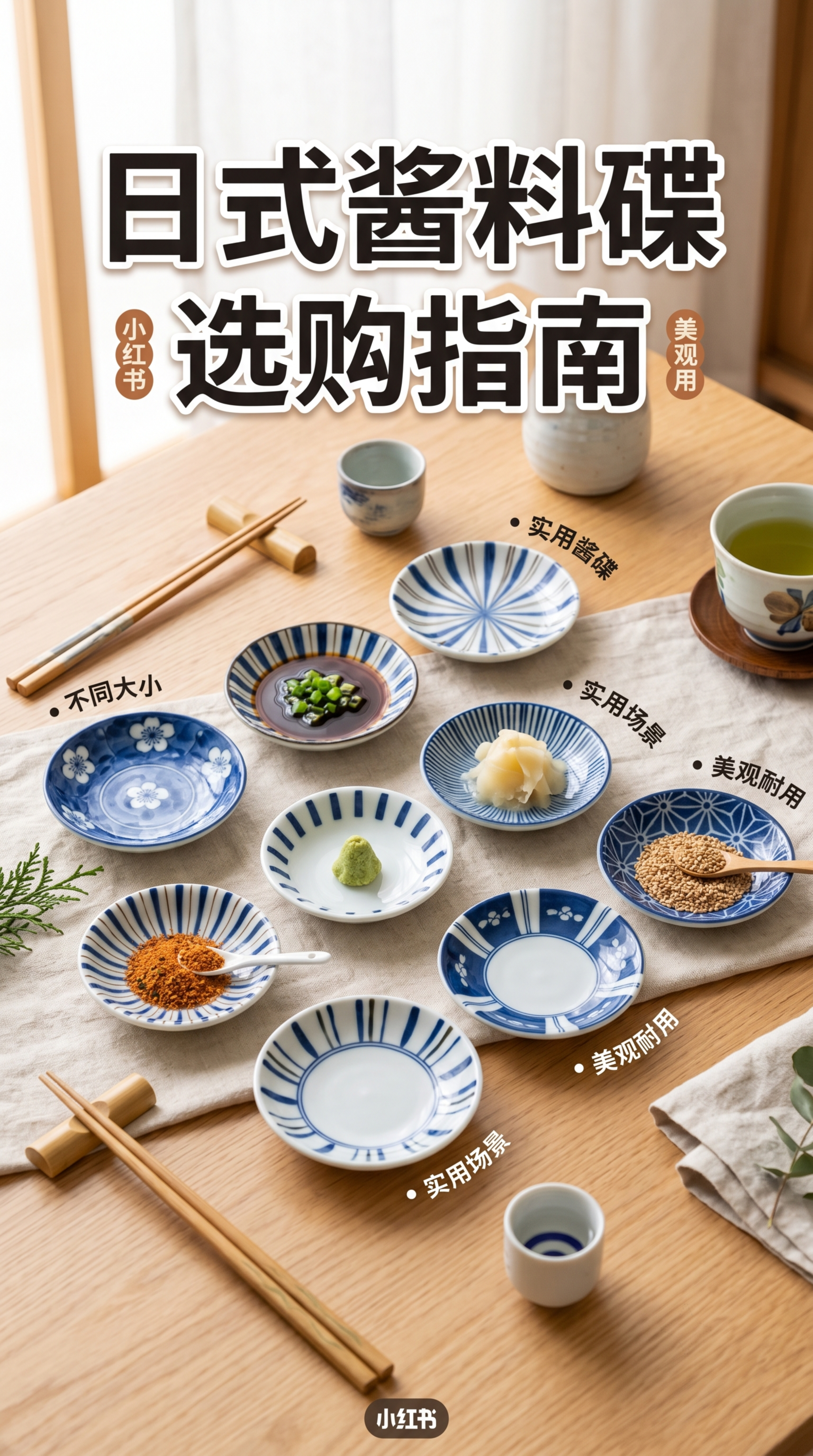 小红书图文封面，主题是日式餐碟酱料碟科普，展示多款日式蓝白花纹… - 图片创意预览