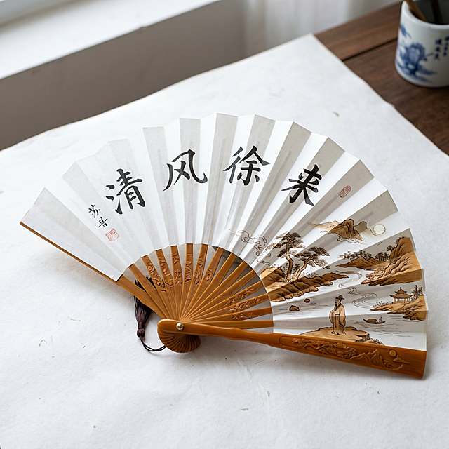半展开状态的苏州玉竹刻骨扇，展示素宣扇面书写"清风徐来"和扇骨浅刻山水人物，琥珀色玉竹，背景留白，东方文房器物摄影