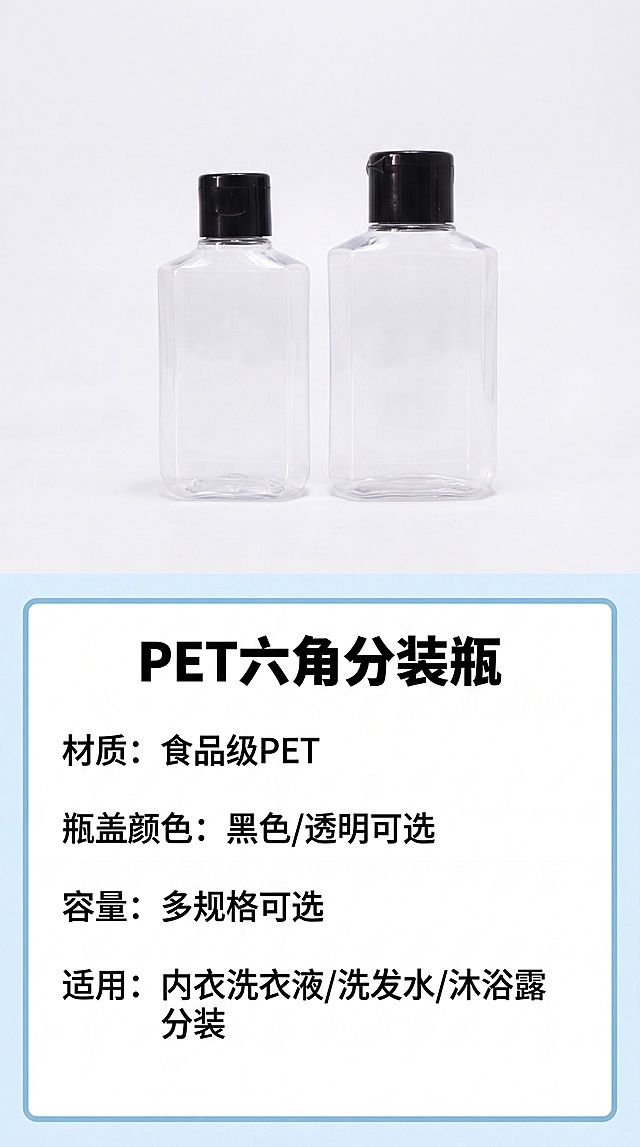 [第5屏] 规格参数信息卡-PET六角分装瓶规格展示，本屏使用【图2】作为产品主体。
[氛围/风格] 简约信息卡风格，清晰直观，适合批发参考。
[元素布局] 产品图片放在画面上半部分，占比约50%，下半部分为参数信息卡，列出常用容量规格，产品尺寸结构颜色与原图一致。
[光影质感] 均匀柔光，产品清晰，信息区域干净整洁。
[配色色系] 全局底色 #FFFFFF，主色黑白，辅助色浅蓝信息卡边框，清爽专业。
[视角构图] 上下分栏构图，上产品下信息，阅读动线从上到下。
[文字版式] 顶部产品名称「PET六角分装瓶」，信息卡分栏列出「材质：食品级PET」「瓶盖颜色：黑色/透明可选」「容量：多规格可选」「适用：内衣洗衣液/洗发水/沐浴露分装」，文字清晰整齐，每行文字不超过10字，方便手机阅读。
[比例分辨率] 9:16竖版比例，4K分辨率，文字清晰可辨，高清画质。
[负向提示词] 产品变形，参数错误，文字模糊，排版拥挤。