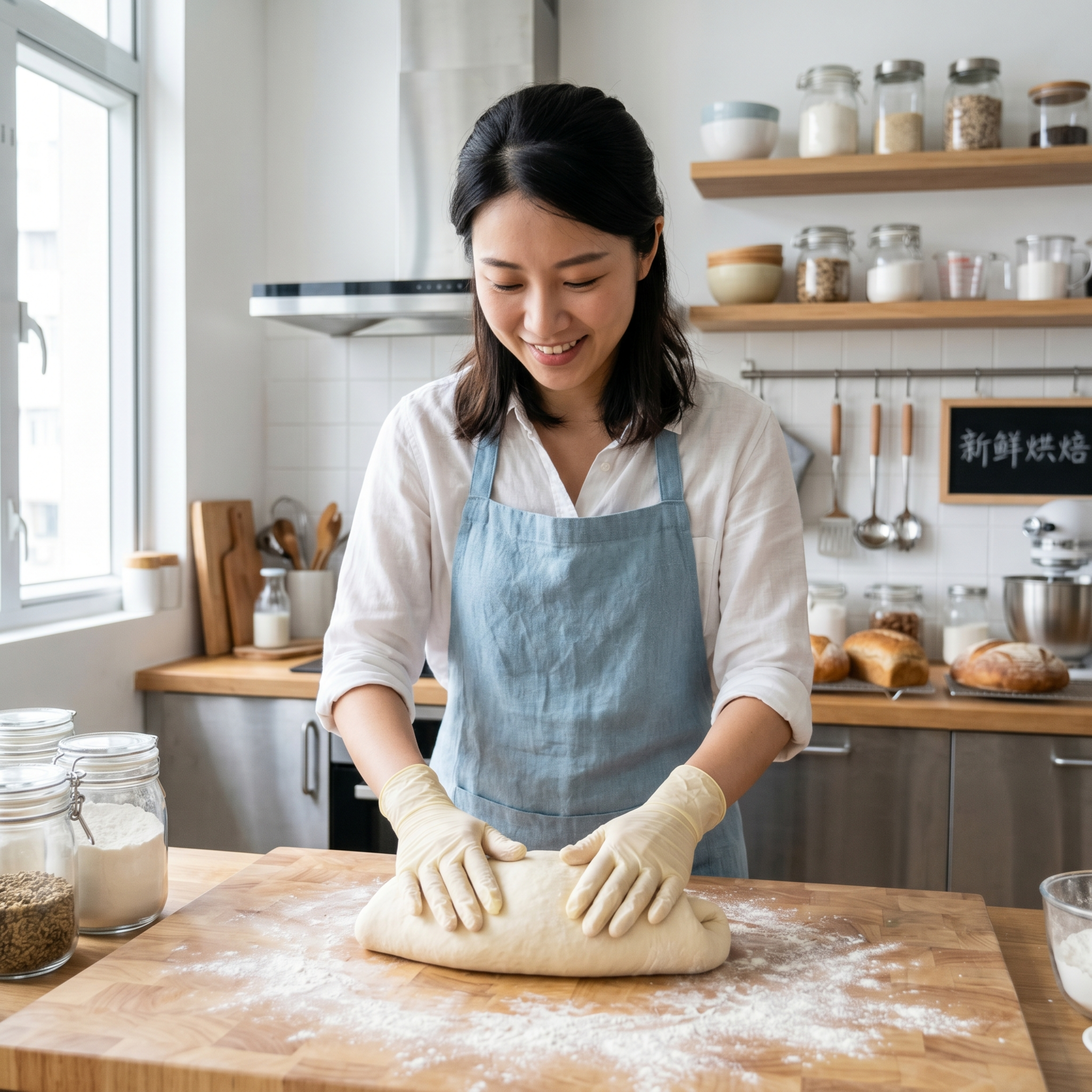 中国AI美女戴着淡黄色乳胶手套揉面粉，画面超清，场景干净整洁明… - 图片创意预览