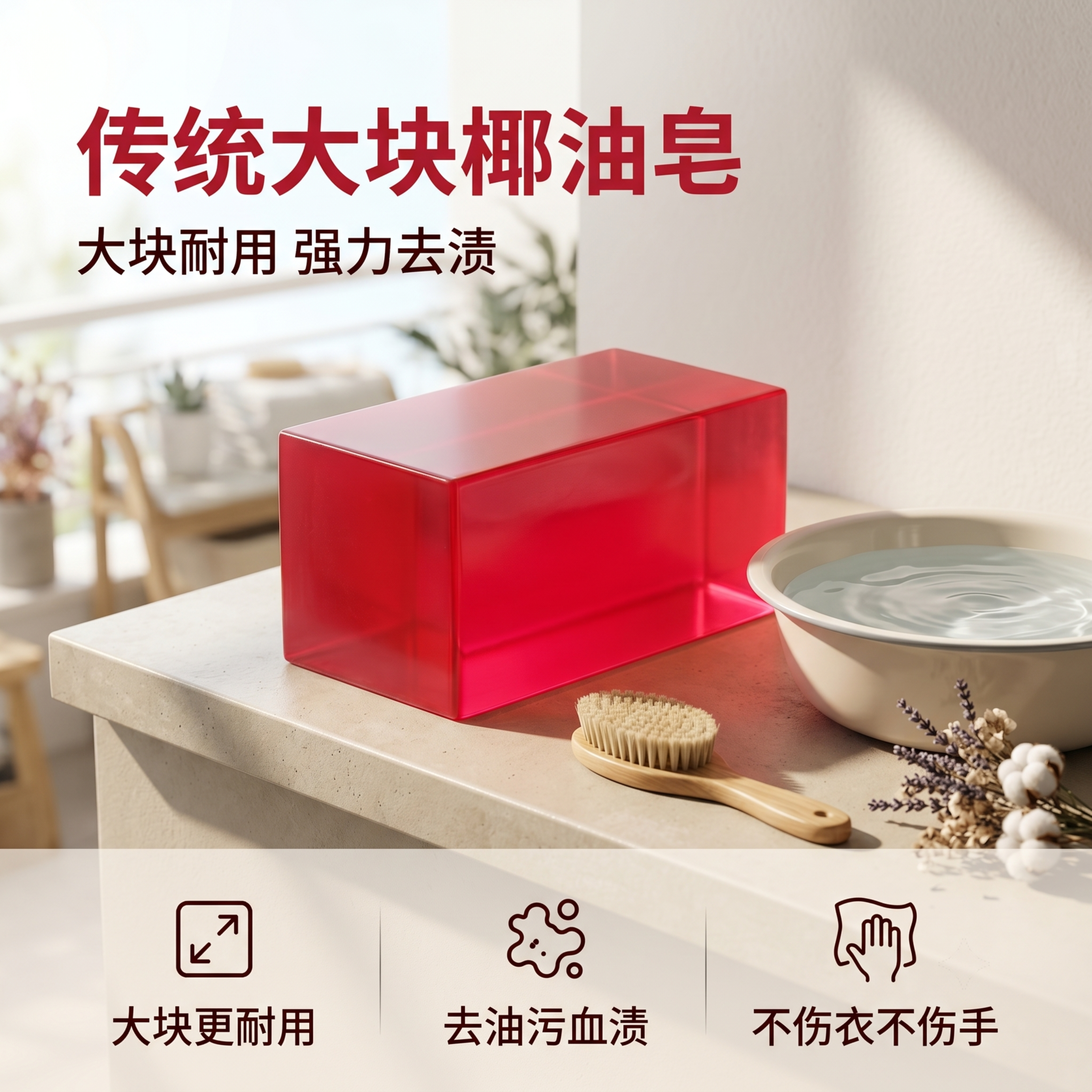 [主图-1] 传统大块椰油洗衣皂家居阳台场景首图。 [氛围风格… - 图片创意预览