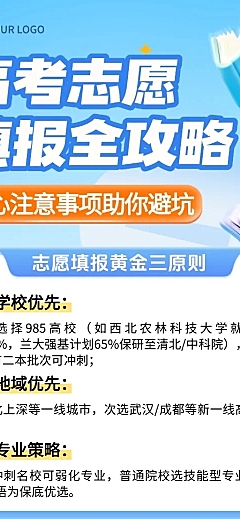 蓝色卡通高考志愿填报攻略知识分享长图海报