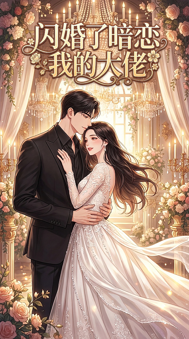 华丽的漫剧封面，比例9:16，将图一的女性和图二的男性组合在一张图中，人物之间有亲密互动，背景不是纯白色，画面充满无留白，图中不要出现英文，顶部带有剧名文字"闪婚了暗恋我的大佬"，华丽浪漫的漫画风格，精致细腻，氛围感强