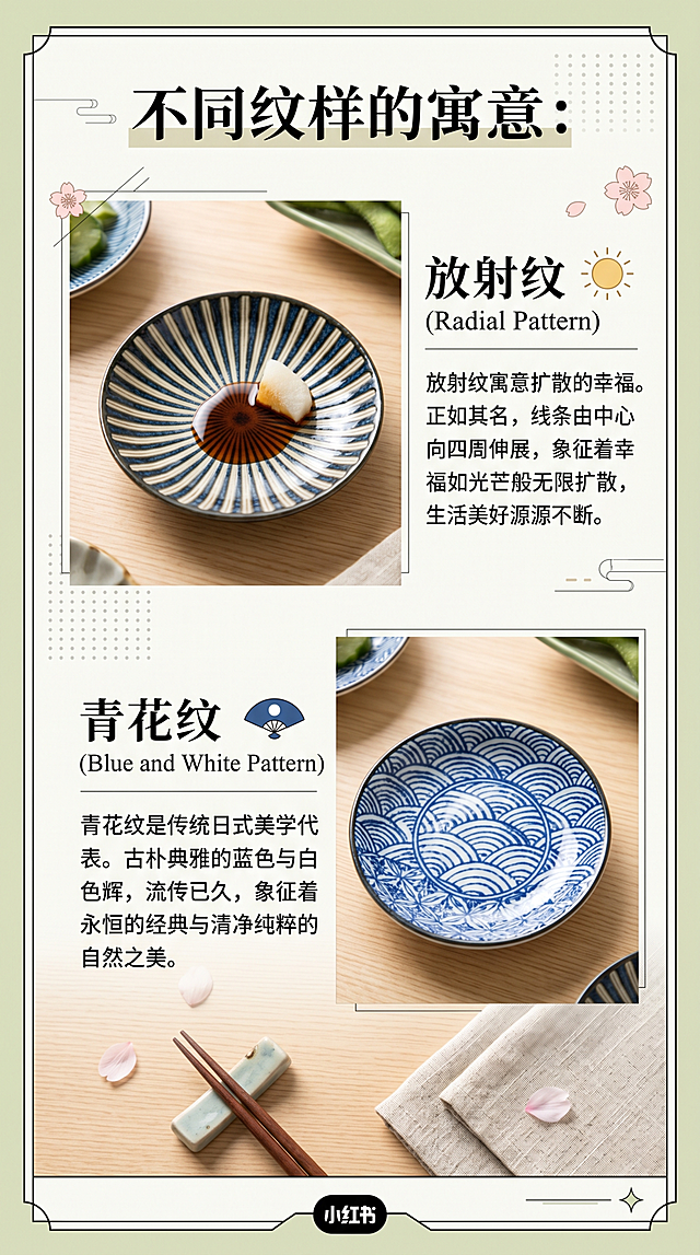 小红书图文内页，展示不同纹样日式酱料碟细节，配以文字说明“不同纹样的寓意：放射纹寓意扩散的幸福，青花纹是传统日式美学代表”，日系清新排版，图文结合，浅色木质桌面背景