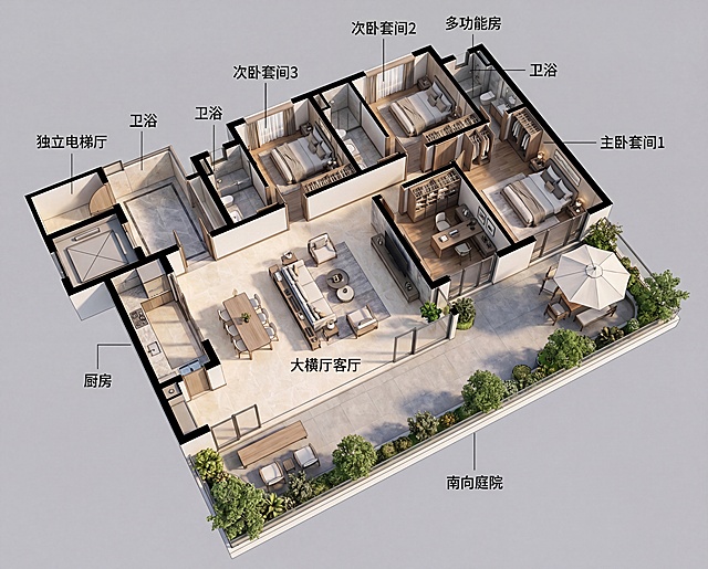 根据户型平面图生成斜剖透视3D渲染效果图，清晰呈现这个166平米四室三卫户型的整体结构，包括独立电梯入户、大横厅客厅、南向庭院、三个套间卧室、一个多功能房，清晰展示房间布局和动线关系，写实3D渲染风格，清晰标注功能分区