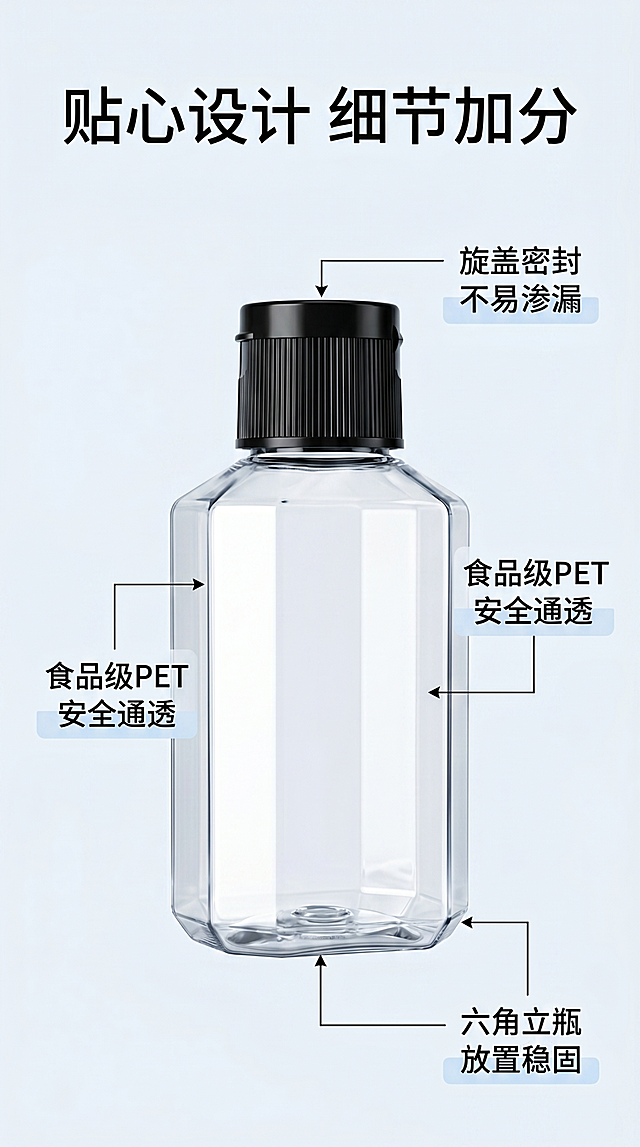 [第3屏] 结构细节解析-PET六角分装瓶细节展示，本屏使用【图3】作为细节参考，【图1】作为产品主体。
[氛围/风格] 专业解析风格，微距清晰质感，突出材质与设计优势。
[元素布局] 产品主体居中放置，细线引线标注三个核心部位：PET透明瓶身、防漏瓶盖、六角瓶型，每个标注配简短说明；瓶身结构、材质、颜色与原图保持一致。
[光影质感] 中心布光，突出瓶身通透质感和瓶盖接口细节，阴影柔和清晰。
[配色色系] 全局底色 #EEF4F8，主色浅蓝调，辅助色黑色引线文字，简洁专业。
[视角构图] 中心产品+引线标注，信息清晰，阅读动线从上到下逐个看标注。
[文字版式] 顶部标题「贴心设计 细节加分」，每个引线标注「食品级PET 安全通透」「旋盖密封 不易渗漏」「六角立瓶 放置稳固」，文字清晰，标注不遮挡核心结构。
[比例分辨率] 9:16竖版比例，4K分辨率，文字清晰可辨，高清画质。
[负向提示词] 结构标注错误，瓶身变形，文字错乱，模糊失真。