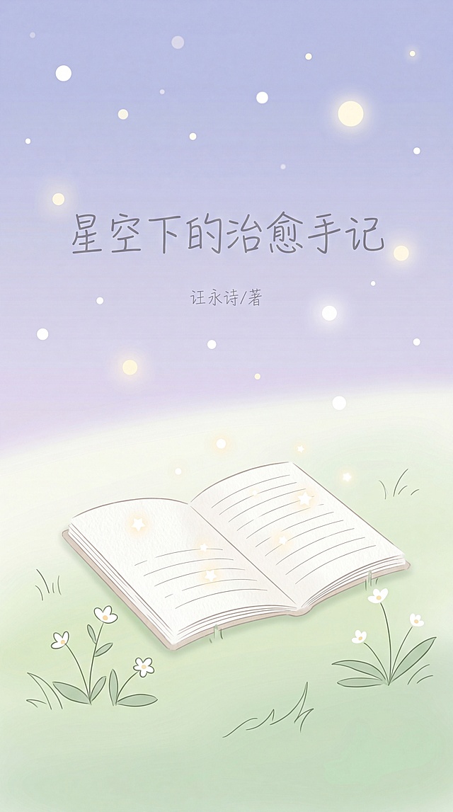 书籍封面设计，书名《星空下的治愈手记》，清新治愈简约插画风，低饱和莫兰迪色调，包含星空、草地、笔记本三大核心元素。整体氛围温柔松弛，色彩柔和不刺眼，线条简洁干净，突出治愈感与文艺感。整体色调以低饱和浅紫、淡蓝、米白、浅绿为主。画面布局：下半部分是浅绿加米白渐变的软乎乎草地，极简线条勾勒几株低矮带小白花的草叶；草地中央放着一本摊开的米白色封面笔记本，内页有淡淡的横线，页面落着一两片细碎星芒光斑；上半部分是低饱和淡紫蓝色星空，用大小不一的浅白浅黄圆点代表星星，星星线条柔和无尖锐棱角，部分星星带淡淡光晕。文字排版：书名“星空下的治愈手记”用纤细浅灰色手写体，位于画面上半部分偏下位置，不遮挡核心元素；作者名用更小的同色系字体放在书名下方。细节：笔记本边缘和星空星芒有淡淡的柔焦效果，整体像蒙了一层薄纱，强化治愈松弛氛围。