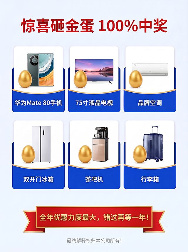 调整现有惊喜砸金蛋图中"最终解释权归本公司所有！"文字，字号缩小一半，降低文字透明度，让文字更浅更低调。保持上方礼品布局、标题、红色横幅文字和所有原有内容、配色底色不变，只调整最终解释权文字的大小和透明度。3:4竖版比例，4K分辨率。
[负向提示词] 改变原有内容布局，遮挡礼品，文字模糊不清