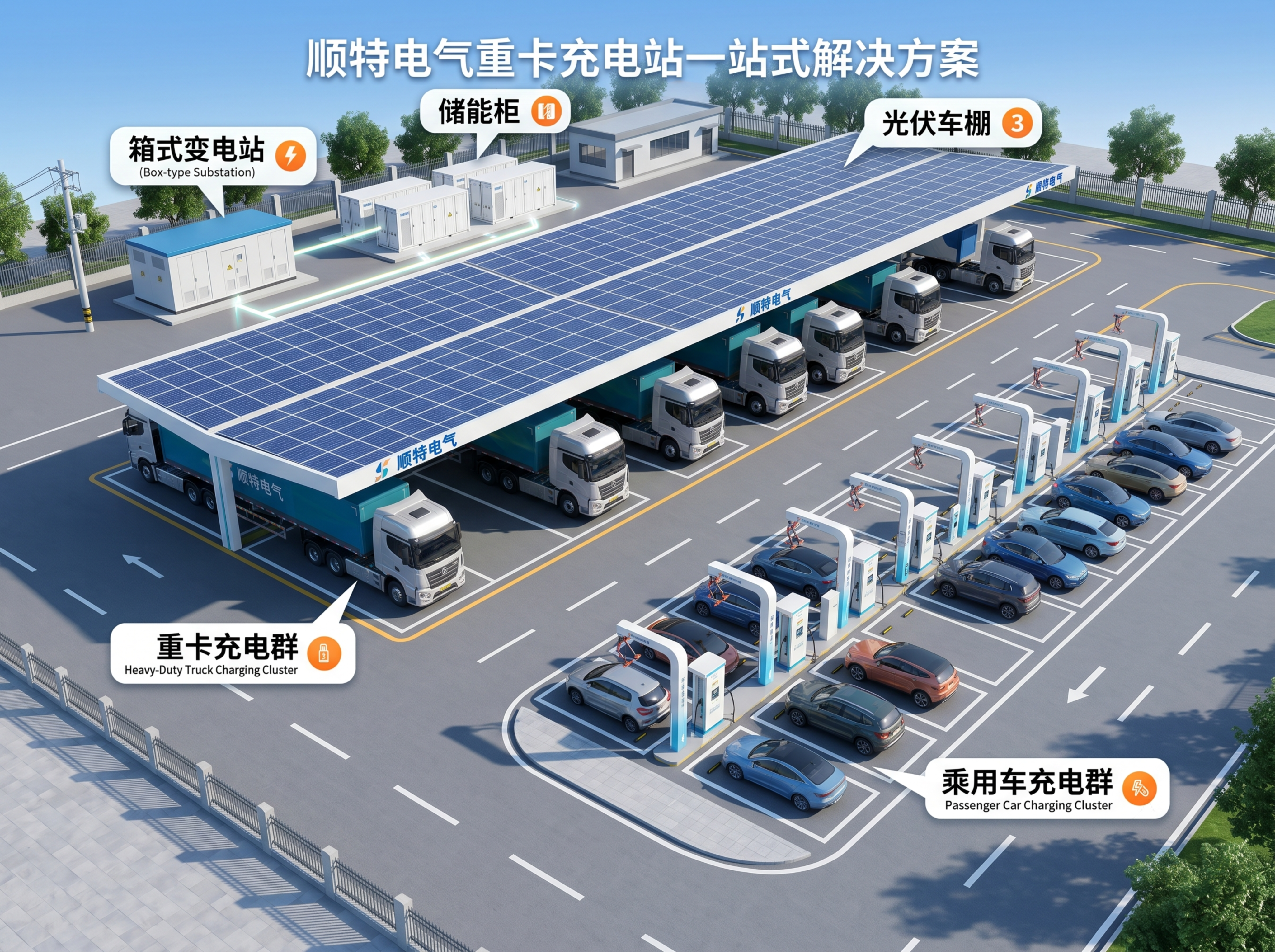 顺特电气重卡充电站一站式解决方案效果图，整体户外场地布局，包含… - 图片创意预览
