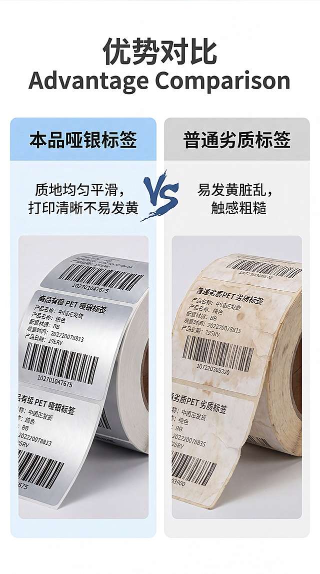 [第2屏] 产品优势对比页，对比本款哑银PET标签纸与普通标签差异。参考图2左优右劣对比版式设计。
[氛围/风格] 清晰对比商务风，浅色背景，信息层级分明。
[元素布局] 左右分栏对比布局，左栏展示本款产品，右栏展示普通标签，中间用VS标识分隔，每栏上下分布产品图和说明文字；左栏使用本款产品保持哑银银色外观一致。
[光影质感] 均匀布光，左右光影一致，清晰突出对比差异。
[配色色系] 全局底色 #FFFFFF；左栏头部蓝色，右栏头部灰色，文字深灰，对比清晰。
[视角构图] 左右对称对比构图，信息分区明确，符合移动端从上到下阅读顺序。
[文字版式] 顶部大标题中英双语「优势对比 / Advantage Comparison」；左栏副标题「本品哑银标签」说明「质地均匀平滑，打印清晰不易发黄」；右栏副标题「普通劣质标签」说明「易发黄脏乱，触感粗糙」；字体清晰，文字不遮挡产品主体，信息可读性强。
[比例分辨率] 9:16竖版比例，4K分辨率，文字清晰可辨，高清画质。
[负向提示词] 文字错乱，排版拥挤，颜色刺眼，产品变形，文字过小，水印。