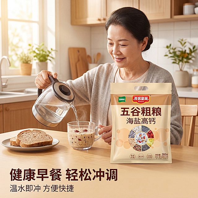 「图片1」「图片1」，生成电商主图（5张），商品名称是:五谷粗粮海盐高钙麦片，卖点是：五谷粗粮，海盐咸味・不甜，高钙，无添加白砂糖，风格是：中老年健康场景风，适配抖音平台，主图比例为1:1
