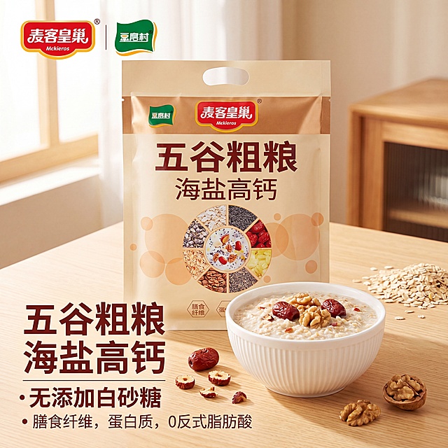 「图片1」「图片1」，生成电商主图（5张），商品名称是:五谷粗粮海盐高钙麦片，卖点是：五谷粗粮，海盐咸味・不甜，高钙，无添加白砂糖，风格是：中老年健康场景风，适配抖音平台，主图比例为1:1