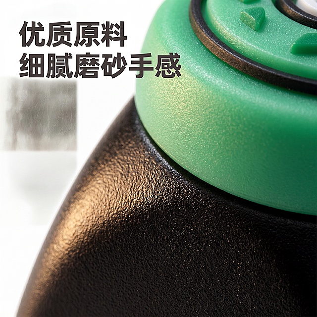 [主图-7] 材质品质展示图。[氛围风格] 突出材质质感的高级简约风；[画质] 微距高清摄影，材质纹理真实清晰。[元素] 微距展示第七款绿色键帽的表面磨砂质感，展示优质环保塑料材质，颗粒细腻，手感舒适的特点。保持产品颜色结构和原图完全一致，突出表面纹理细节。[光影] 侧光打在键帽表面，突出磨砂颗粒的肌理感，明暗对比自然。[配色] 背景纯白，绿色键帽主体突出。[文字版式] 左上角“优质原料 细腻磨砂手感”深灰色粗体，不遮挡纹理细节。[比例分辨率] 1:1比例，4k分辨率，微距超高清。[负向提示词] 纹理模糊，变形，色差，水印。