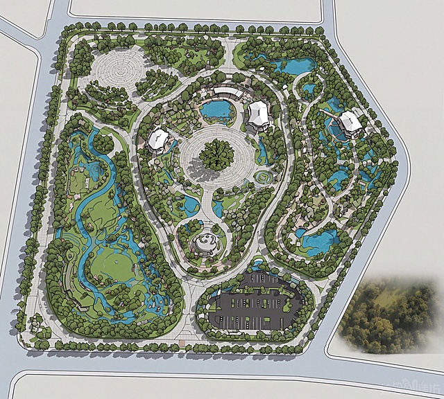 根据这两张公园总平面图参考图，生成一个SketchUp SU建模风格的鸟瞰效果图，保留图中道路、水系、中心广场、建筑、停车场和植物布局的总体规划，呈现为三维建模效果