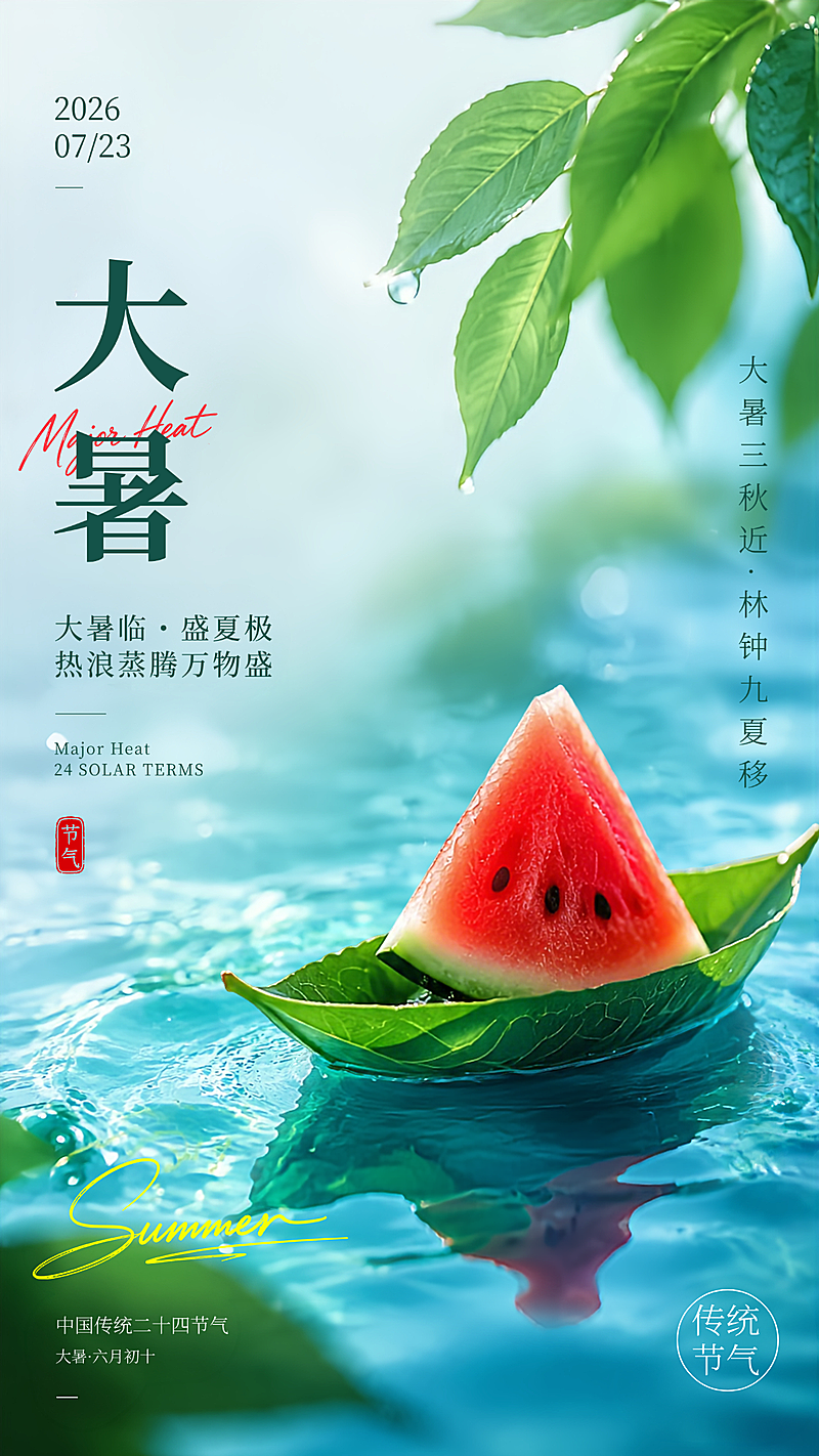 大暑节气祝福清新感通用竖版海报