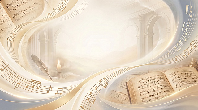 钢琴班级文艺汇演背景画面，节目为钢琴曲演奏；风格古典文艺，不具象化钢琴实物，改用抽象或意象化元素表达：如流动的五线谱、音符、琴键纹理、光影渐变、书页、烛光、复古乐谱纸、羽毛笔、古典建筑剪影（如拱门、柱廊）等；整体色调柔和高雅（米白、浅金、灰蓝为主），画面留出上方与中部区域用于后期添加标题、班级和指导老师文字，构图平衡、意境深远