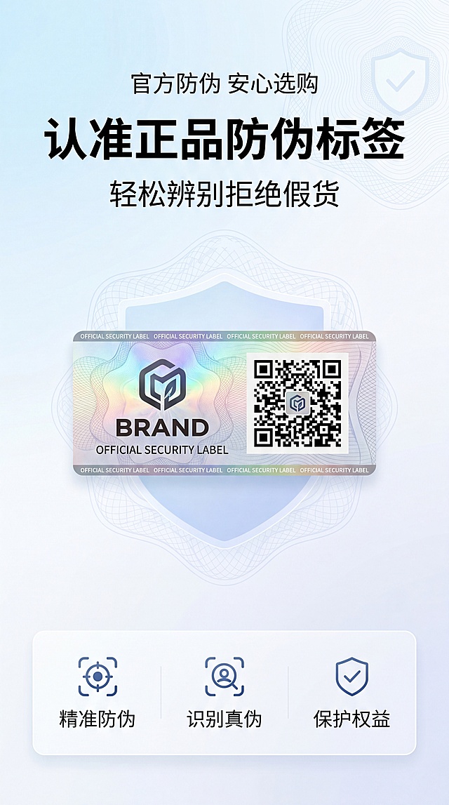 简约干净商业风，防伪标签朋友圈宣传海报，主标题"认准正品防伪标签"，副标题"轻松辨别拒绝假货"，装饰文案"官方防伪 安心选购"，卖点标签"精准防伪""识别真伪""保护权益"，画面以防伪标签为核心视觉，简约设计居中构图，文字排版清晰干净，浅渐变背景，前景点缀轻微防伪纹理，整体专业可信，版式精美，画面比例9:16