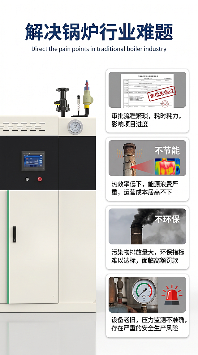 [第2屏] 详情页痛点直击页，展示传统锅炉行业现存问题。本屏使用【图6】作为商品主体。
[氛围/风格] 专业清晰工业风，白底背景，图文分区排版，对比明确，商业设计质感。
[元素布局] 蒸汽发生器产品主体放置在页面左半部分，占比约50%；右半部分分四行排列痛点说明图；产品外观结构颜色必须和输入产品图保持一致。
[光影质感] 均匀布光，产品清晰突出，整体干净通透，信息层级分明。
[配色色系] 全局底色 #FFFFFF；主色黑白产品；辅助色深蓝色标题，灰色配图背景。
[视角构图] 产品正面平视，左产品右信息布局，从上到下阅读动线清晰。
[文字版式] 顶部大标题「解决锅炉行业难题」，副标题英文标注。右侧四个痛点卡片分别为：审批难、不节能、不环保、有安全隐患，每个痛点配示意图和文字说明，文字大小适中适配移动端清晰阅读。
[比例分辨率] 9:16竖版比例，4K分辨率，文字清晰可辨，高清画质。
[负向提示词] 产品变形，结构错误，颜色偏差，文字错乱，文字过小，水印，背景杂乱，缺件错件