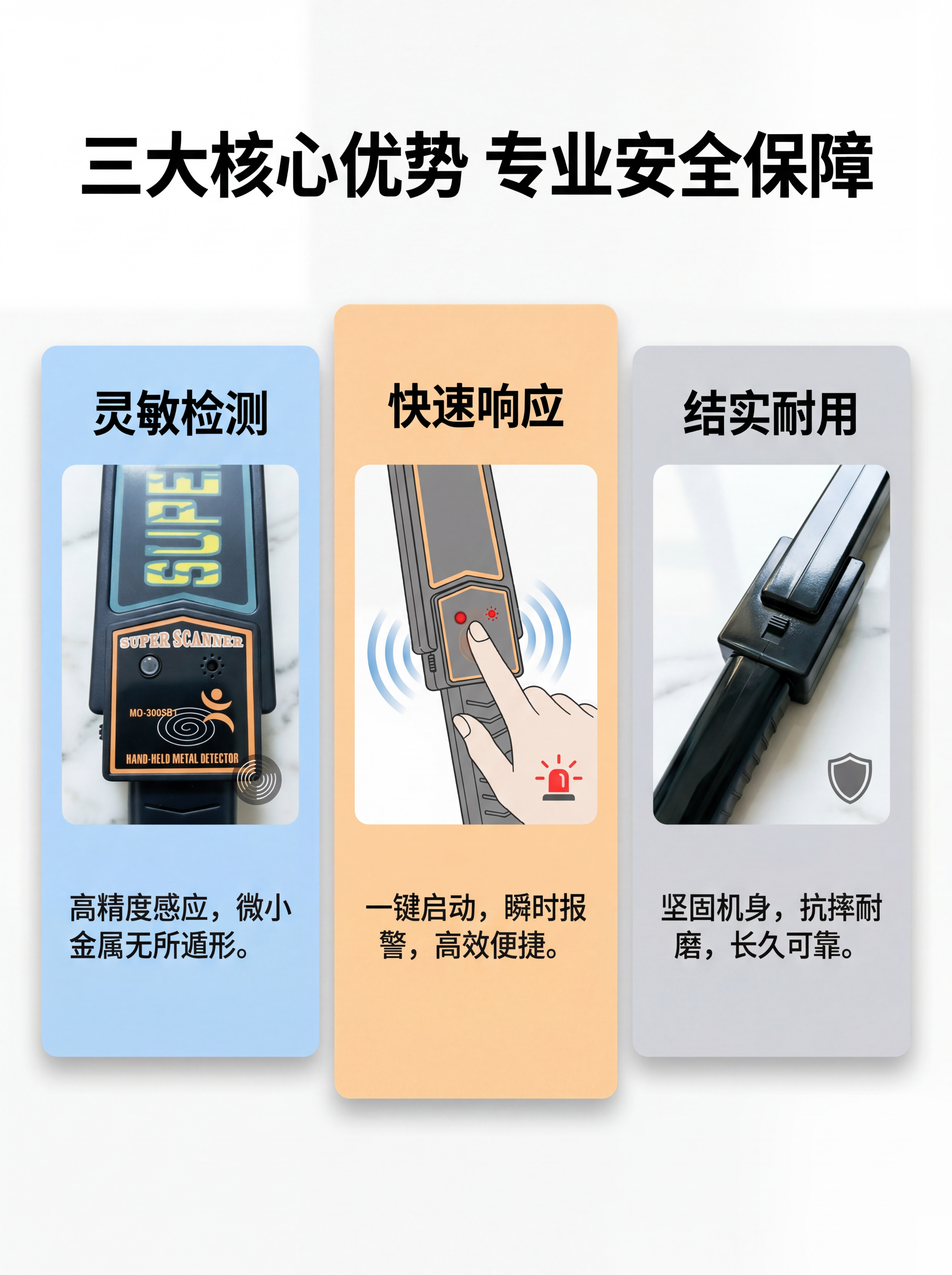 [第3屏] 核心卖点总览页，展示手持安检仪三大核心优势。[氛围… - 图片创意预览