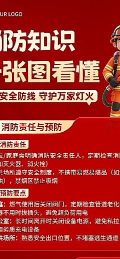 红色3d卡通消防知识科普分享长图海报