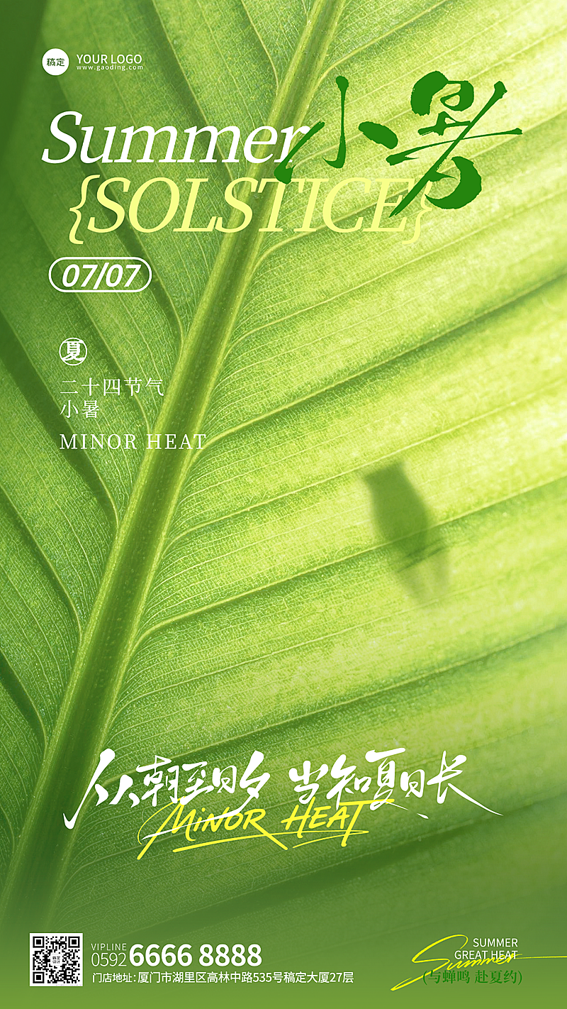 小暑祝福二十四节气光影感荷叶剪影手机竖版海报