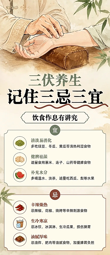 三伏天养生健康科普知识分享国风长图海报