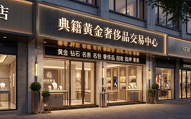 典籍黄金奢侈品交易中心门店门头效果图，高端大气奢华风格，门店招牌上有大字“典籍黄金奢侈品交易中心”，招牌下方标注小字“黄金 钻石 名表 名包 奢侈品 回收 抵押 寄卖”，临街商铺，现代轻奢装修，灯光明亮温馨