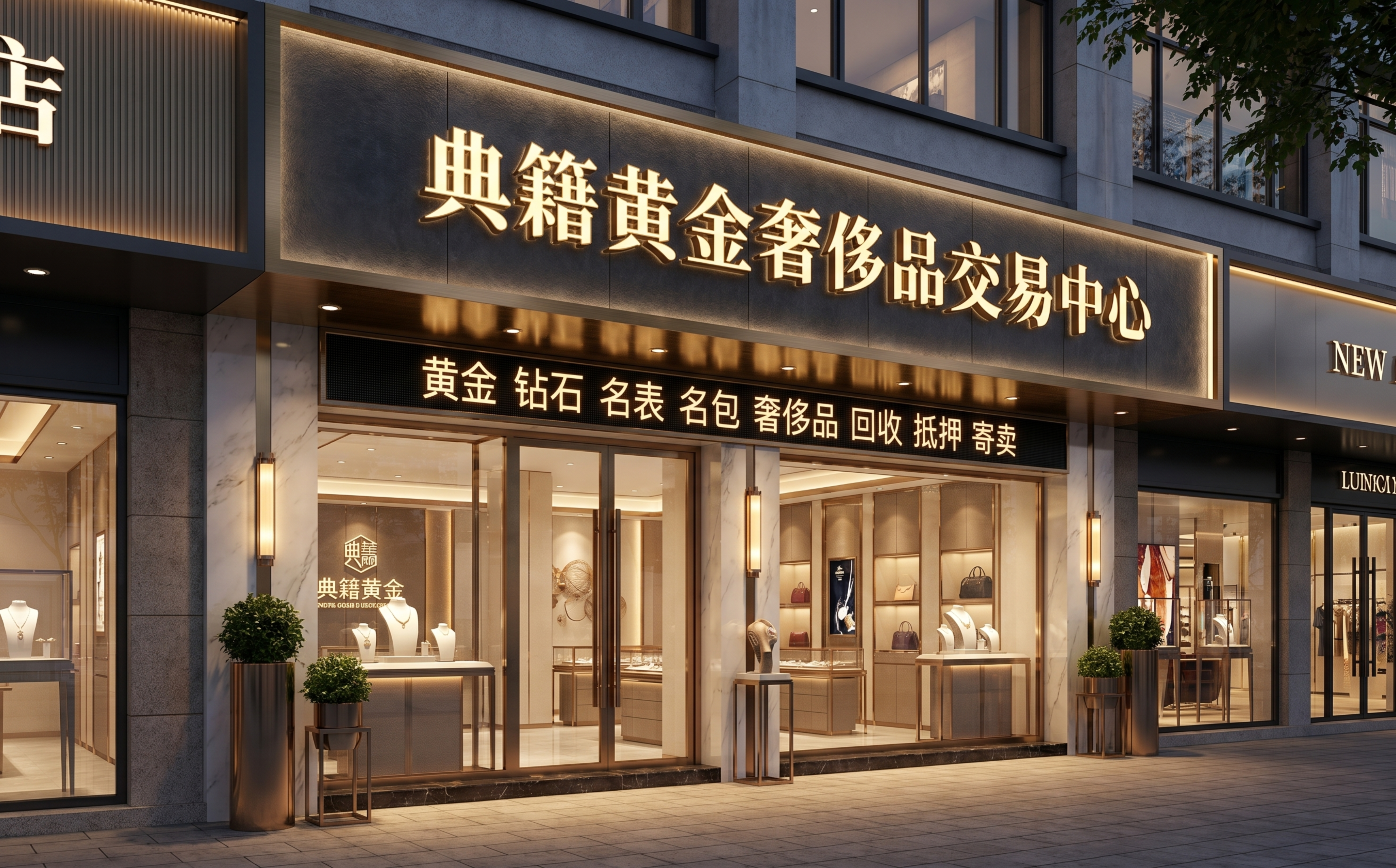 典籍黄金奢侈品交易中心门店门头效果图，高端大气奢华风格，门店招… - 图片创意预览